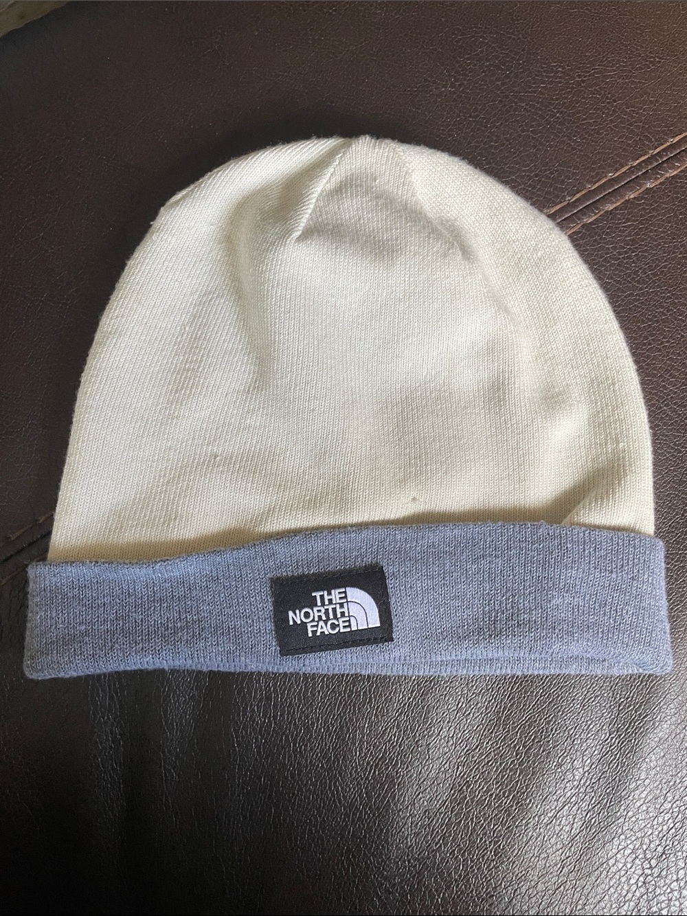 The North Face Cream Knit Beanie with Light Blue Cuff